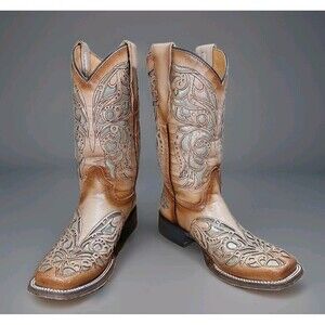 Corral Teens Western Boots Girls 3 Tan/Brown Leather Cutout Butterfly Overlay